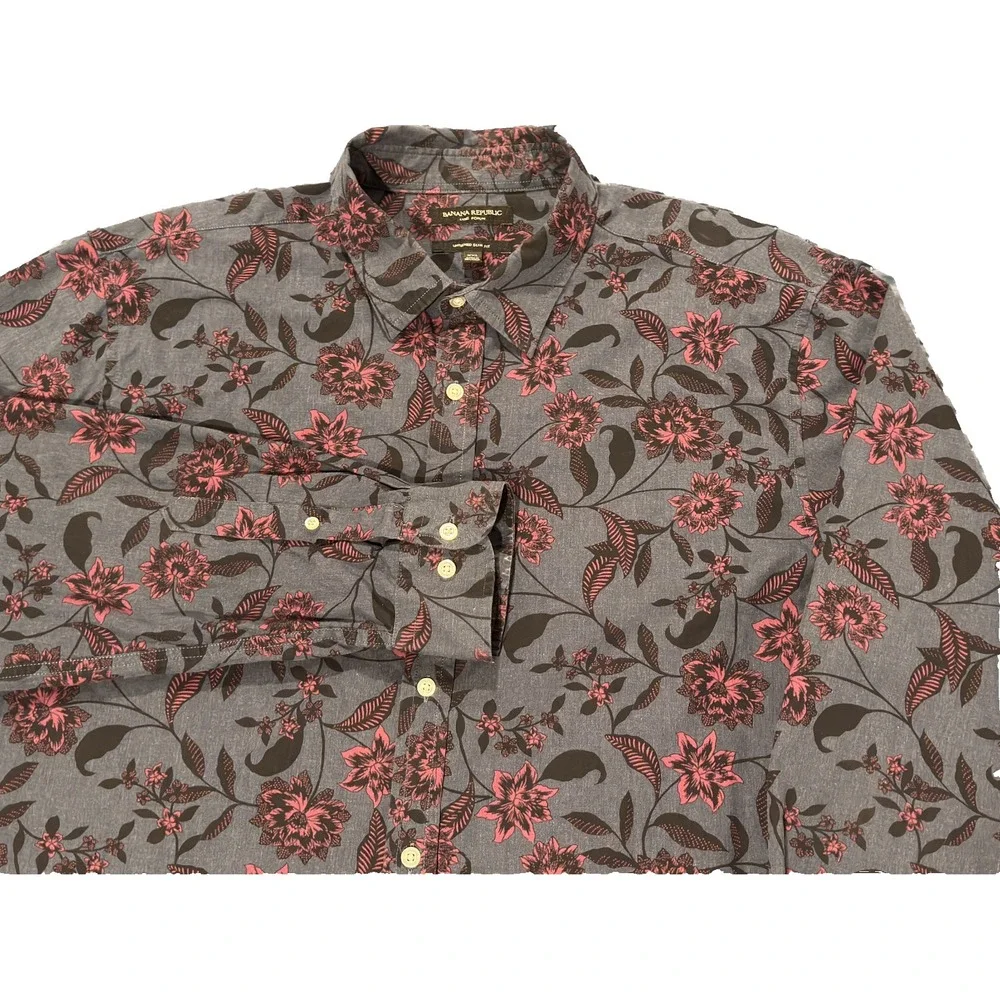 Banana Republic Shirt Luxe Poplin XXL Untucked Slim Fit Button Up Grungy Floral